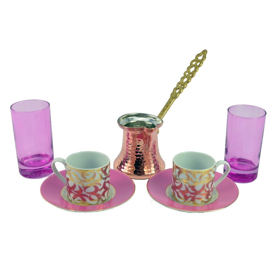 Turkish Coffee Set For Two With Pink Water Glass Turkish Coffee Set For Two With Pink Water Glass