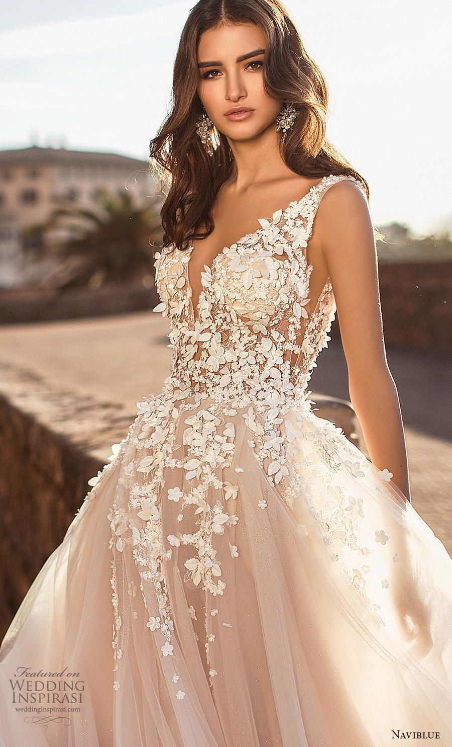 naviblue 2019 bridal sleeveless v neck heavily embellished bodice tulle skirt romantic blush a line wedding dress backless sweep train (1) zv -- Naviblue 2019 Wedding Dresses | Wedding Inspirasi #wedding #weddings #bridal #weddingdress #bride ~ Lace Beach Wedding Dress, Wedding Dress Fabrics, Lace Bridal Gown, Sexy Wedding Dresses, Bridal Dresses, Wedding Dresses Lace, Gown Wedding, Wedding Cakes, Tulle Wedding