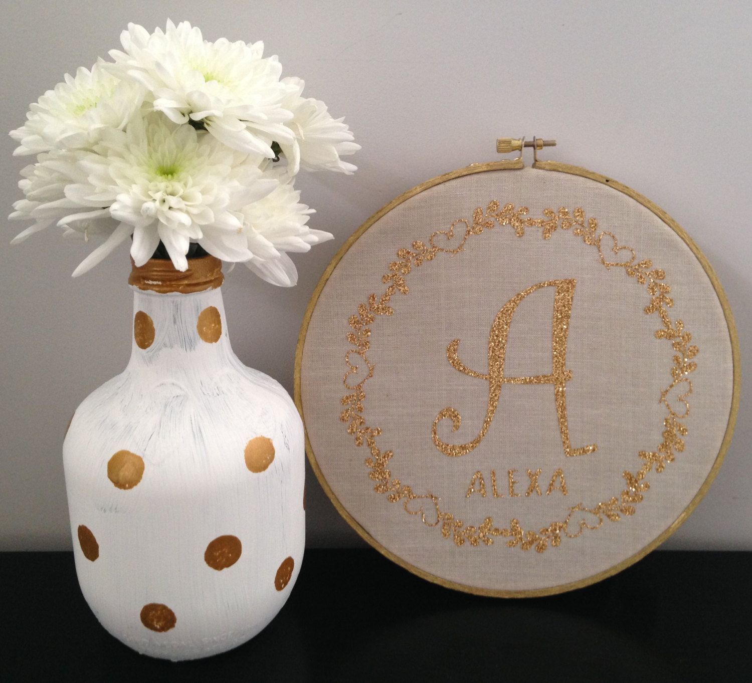 Personalized Fabric Hoop Gold Glitter Letters Wall Decor Personalized Fabric Hoop Gold Glitter Letters Wall Decor