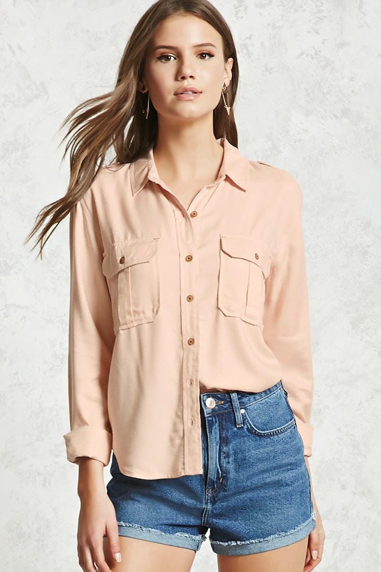 A Woven Shirt Featuring A Basic Collar A Button down Front Long a-woven-shirt-featuring-a-basic-collar-a-button-down-front-long
