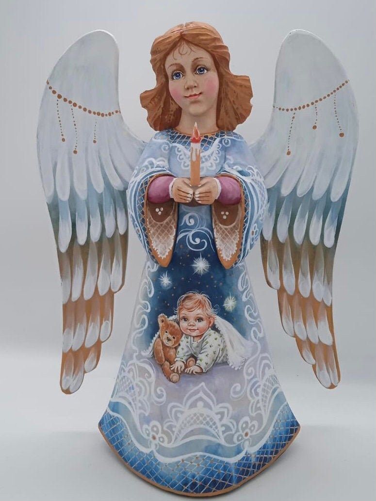 8 inches 20.5 cm Collectible wooden hand carved and hand painted angel figurine An ideal gift for Christmas