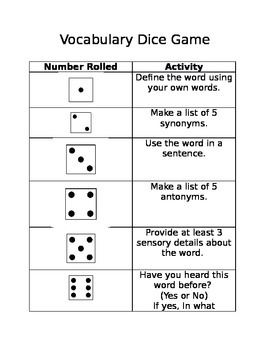 vocabulary dice game resources for teaching reading pinterest