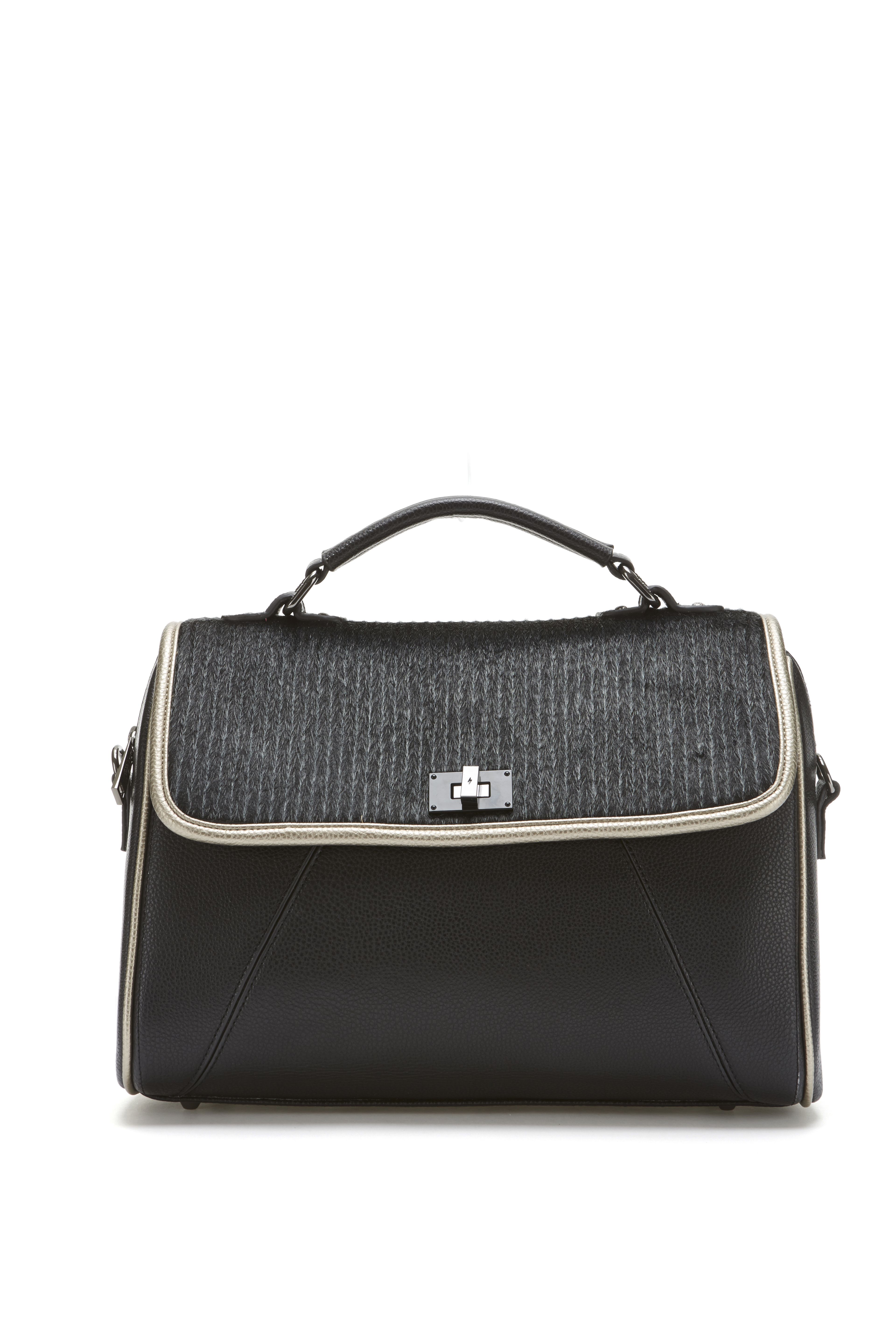 Paige Larger Satchel Bag With Faux Pony Hair Panel And Gold Trims Paige Larger Satchel Bag With Faux Pony Hair Panel And Gold Trims