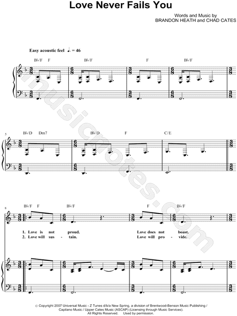 love never fails you sheet music by brandon heath music love never fails brandon heath sheet music