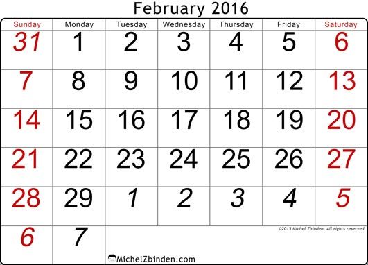Printable Calendar February 2016 \
