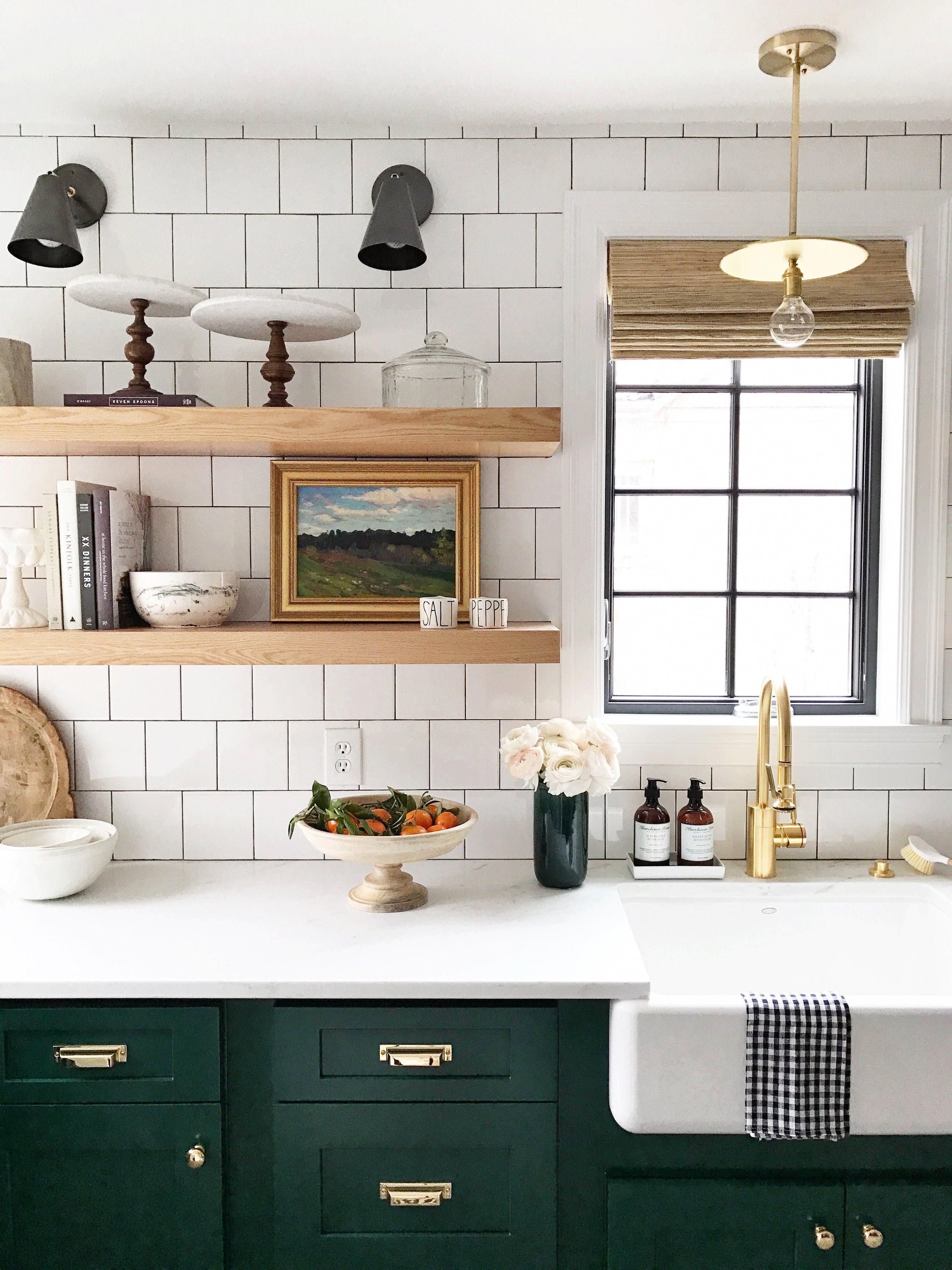 Square tiles, dark grout... Green Kitchen with Brass Hardware by Studio