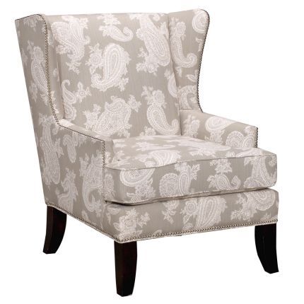 Silver Paisley Upholstered Wing Chair Dining Room Living Room, Living Spaces, Home Decor Furniture, Furniture Design, Furniture Projects, Paisley Chair, Brown Leather Couch, Leather Couches, Chelsea