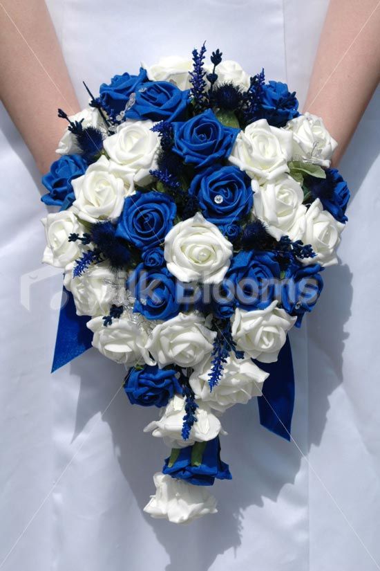 Blue Ivory Teardrop Bridal Bouquet W Thistles Roses Crystals