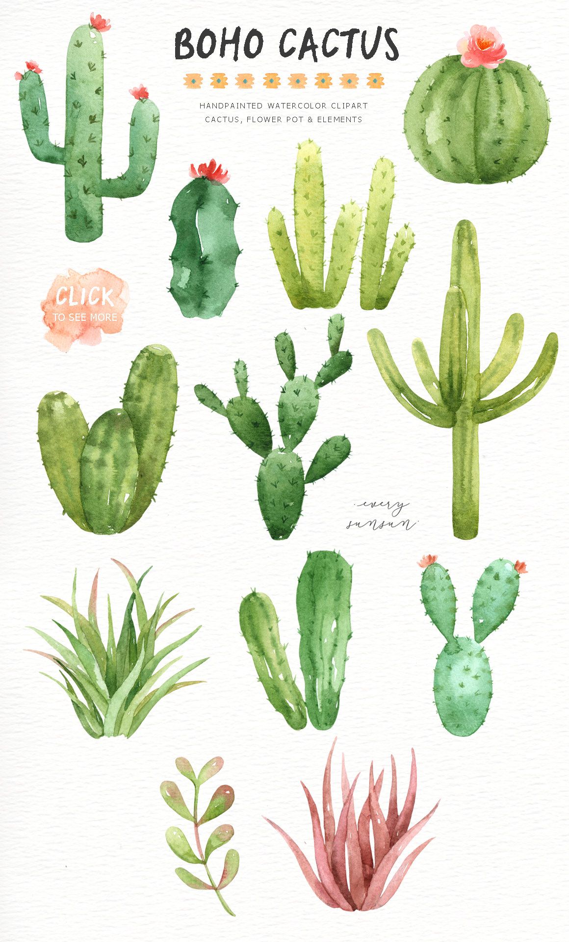 Boho Cactus Watercolor Cliparts, Boho Clipart, Botanical Plant, Tropical Clipart, Cactus Pack, Succulent Wedding Invitation, Cactus Wall Art