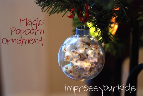 Fun Ornaments To Make! Christmas Christmas Ornaments, Christmas Magic Popcorn Christmas Ornament--pour popcorn kernels in a clear glass ornament, put in the microwave and...MAGIC! This looks fun and easy. - Fun Ornaments To Make! Christmas Christmas Ornaments, Christmas