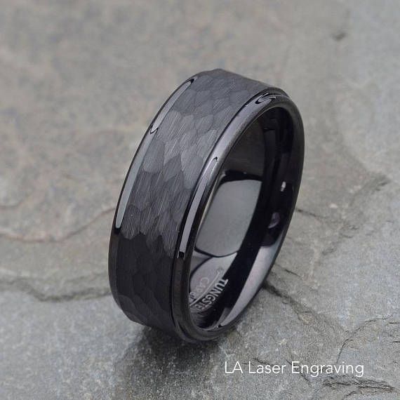 Black Tungsten Wedding Band Mens Ring Personalized Black Tungsten Wedding Band Mens Ring Personalized 8mm Brushed Hammered