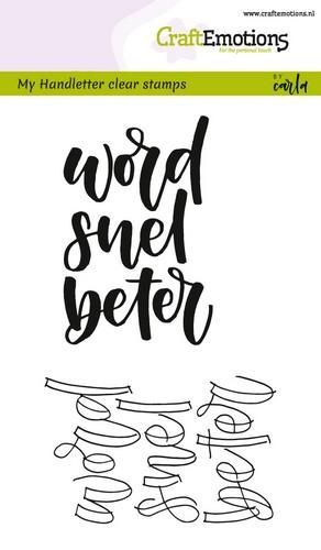 Clearstamps A6 Handlettering - Word snel beter
Deze set bestaat uit 2 stempels in 2 uitvoeringen die veelzijdig inzetbaar zijn. Er is een 'volle’ stempel die je in de gewenste kleur inkt kunt afdrukken. Ook is er een 'lege’ stempel waarmee je alleen de omtrek van de letters stempelt. Deze kun je dan zelf nog inkleuren met bijvoorbeeld de Tombow ABT dual brush. Deze handletter clear stamps zijn ontworpen door Brushletter-specialist Carla Kamphuis. Met deze stempels maak je zelf de mooi Get Well Soon, Tampons, Clear Stamps, Wellness, Calligraphy, Snail Mail, Pyrography, Hobby, Fonts