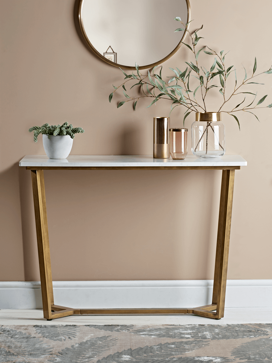 Burnished Brass Shelves | Console table hallway, Brass console table