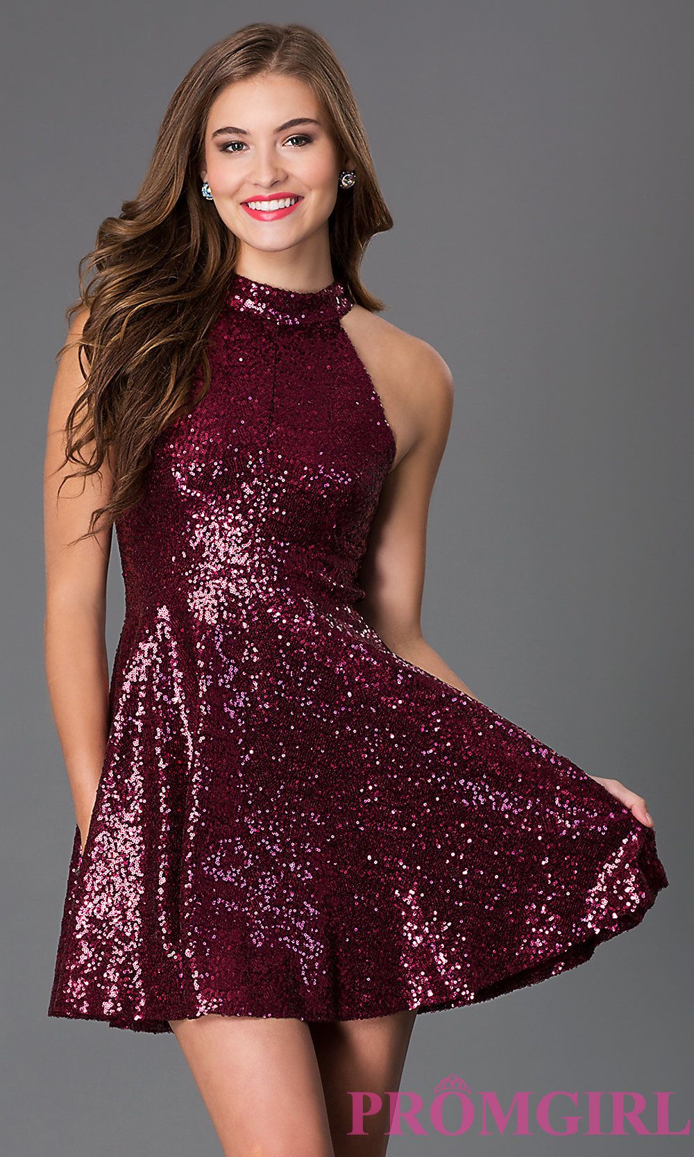 Image Of Short Merlot Fit And Flare High Neck Sequin Party Dress Image Of Short Merlot Fit And Flare High Neck Sequin Party Dress Front