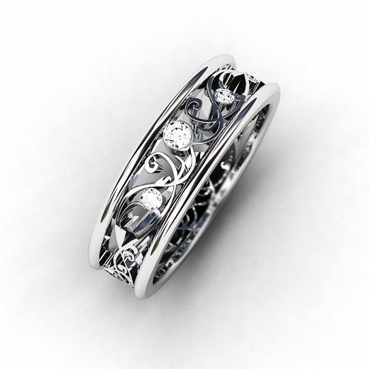 Diamond Ring 18k White Gold Wedding Band Filigree Lace Diamond Ring 18k White Gold Wedding Band Filigree Lace Vintage Style Unique 1 190 00 Via Etsy