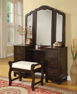 Annapolis 3 Piece Vanity Set Mirror Bench Dark Brown Table Bedroom Annapolis 3 Piece Vanity Set Mirror, Makeup Vanity Set Dark Brown