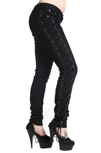 Womens Banned Corset Lace up Trousers Jeans Goth Punk Rock BLACK 8 10 12 14 16