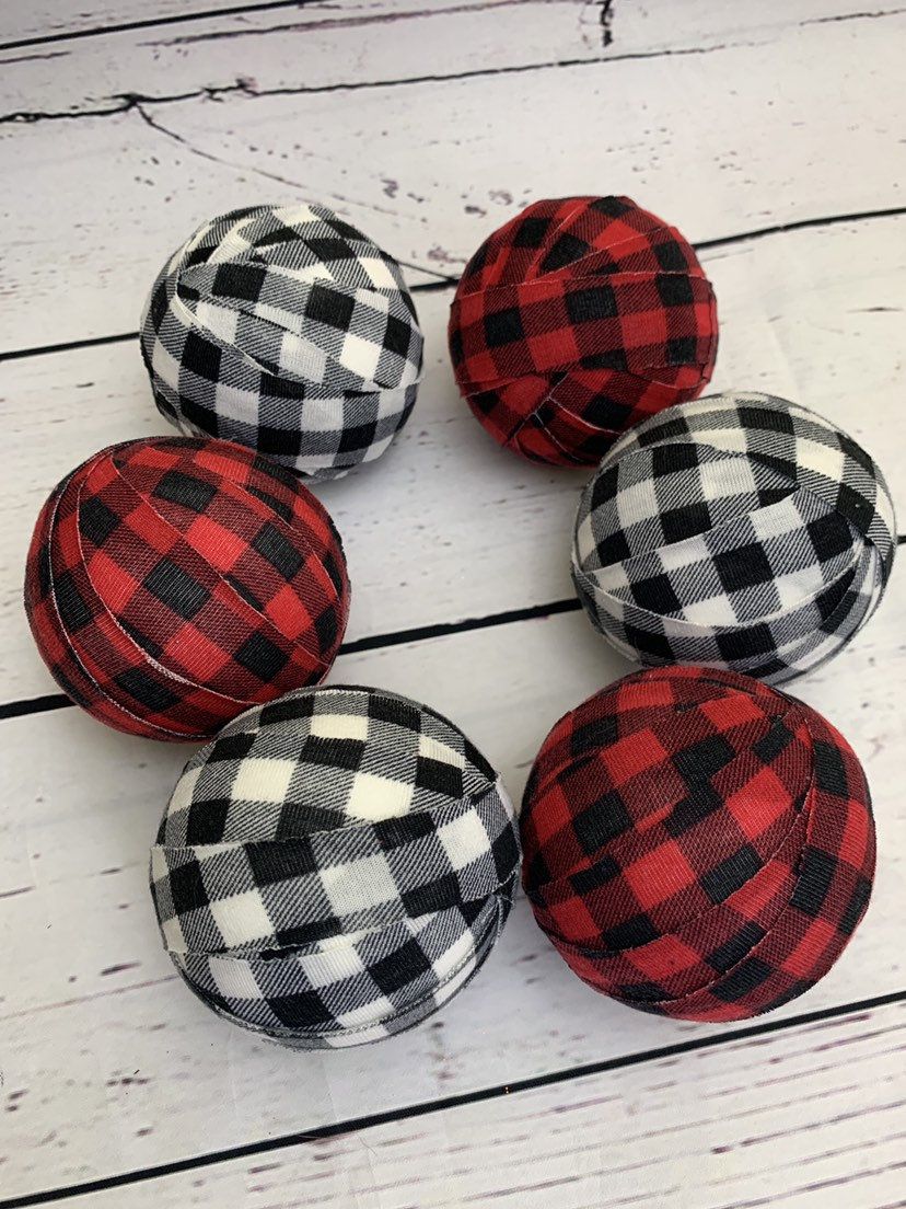 Christmas Buffalo Check Plaid Ball Fabric Ornaments Black White 3/" Set of 4 NEW