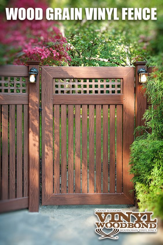 This terrific Illusions Vinyl Fence CUSTOM VWG5215SQ-46 gate with 7/8" x 3" pickets and square lattice is shown in Grand Illusions Vinyl WoodBond Rosewood (W104). This particular customer had a cool fun backyard idea to put lights in their fence. FYI - Illusions brand does not carry lights for installation. Consult with a licensed electrician prior to attempting. :) #fence Backyard Fences, Backyard Projects, Backyard Oasis, Backyard Landscaping, Fun Backyard, Fenced In Backyard Ideas, Farm Fence, Pergola Patio, Pergola Kits