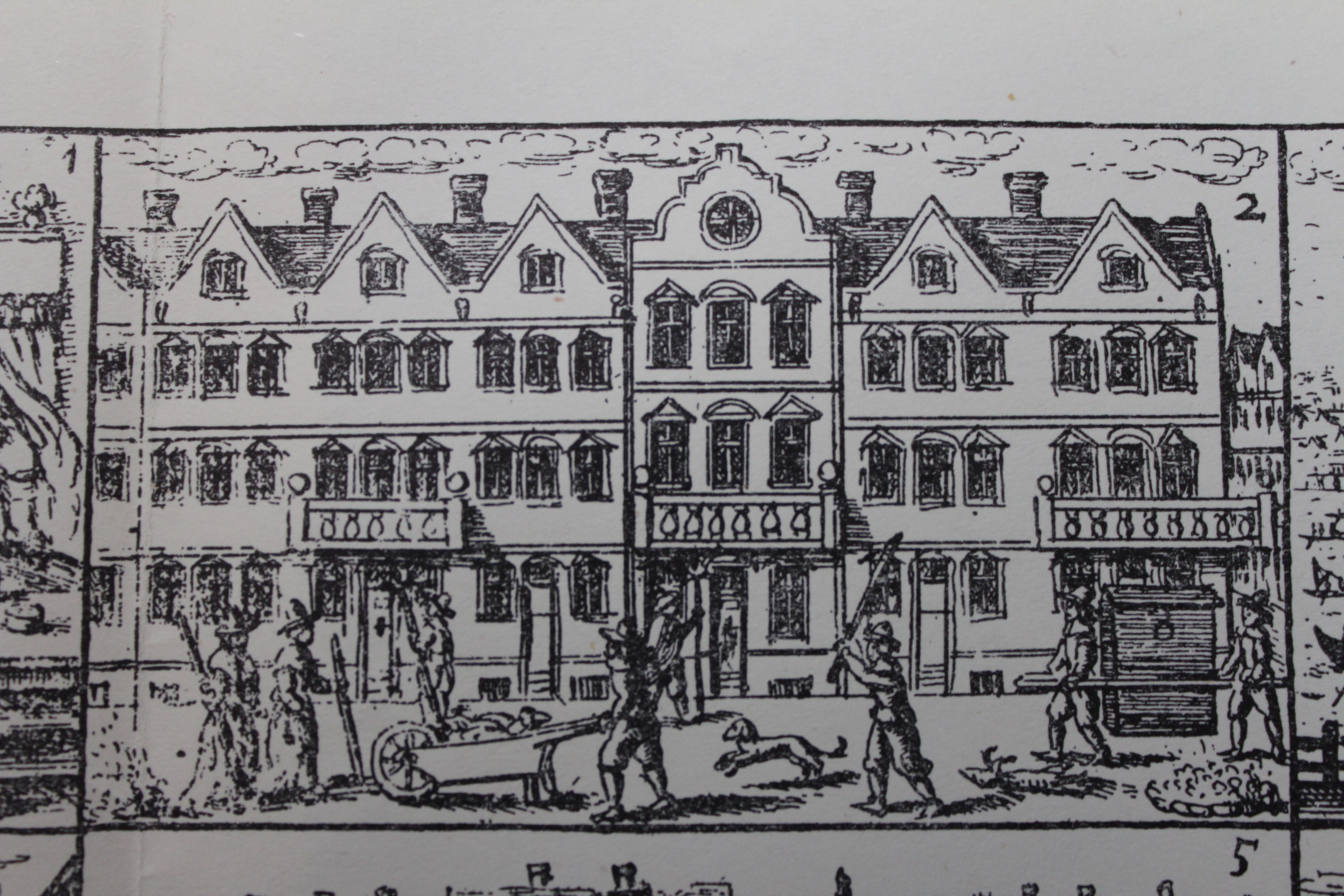 2) The engraving shows a row of timber framed houses in London. These houses are shut up and marked with a cross on the doors. Armed watchmen guarded the doors. A dog is shown on the street - some thought that dogs carried the infection. A dog-killer was licenced to kill any dog. Cats were also killed. The raker loaded the dead bodies in a wheelbarrow. Women searchers on the left hand side are carrying sticks - a warning to those who passed them to keep their distance. Eyam, Timber Frame House, Watchmen, Mortality, Wheelbarrow, Plague, Volunteer, Bodies