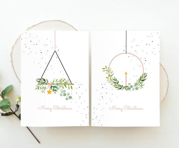 Christmas cards set wreaths – modern watercolor merry Christmas card pack, Scandinavian christmas illustration, minimalist folded xmas cards