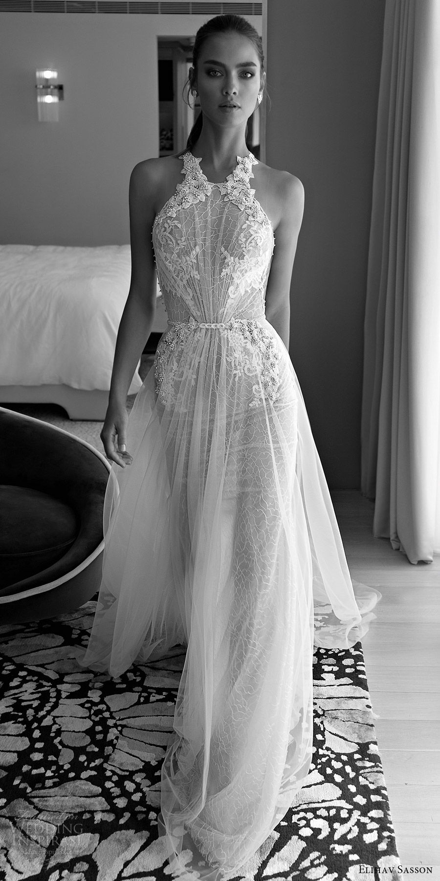 Elihav Son 2018 Wedding Dresses Vintage Jewellery Bridal Elihav Son Spring 2018 Halter Embellished Ruched Bodice Lace Sheath A Line Wedding Dress Vj 016 Mv Sheer Back Glam