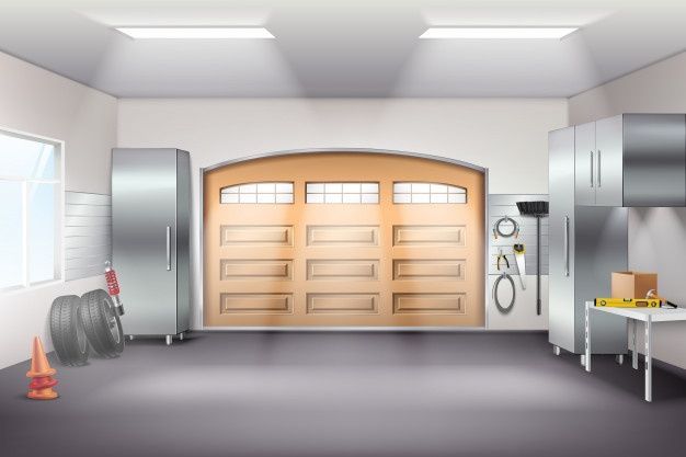 Современный просторный гараж интерьер ре... | Free Vector #Freepik #freevector #design #vector #work #wall Metal Garage Doors, Electric Garage Doors, Metal Garages, Steel Doors, Sliding Doors, Bungalow, Tool Storage Cabinets, Garage Interior, Garage Organization