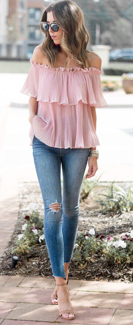 spring #outfits Pink Off Shoulder spring #outfits Pink Floral Off The