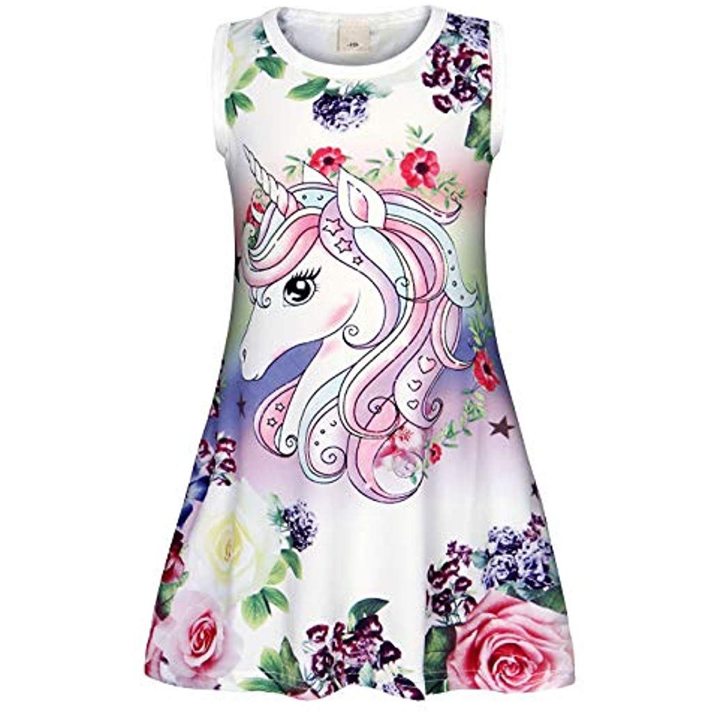 Jurebecia Kids Girls Unicorn Nighties Rainbow Printed Nightdress Short Sleeve Pajama Nightgown Dress Sleepwear Nightie