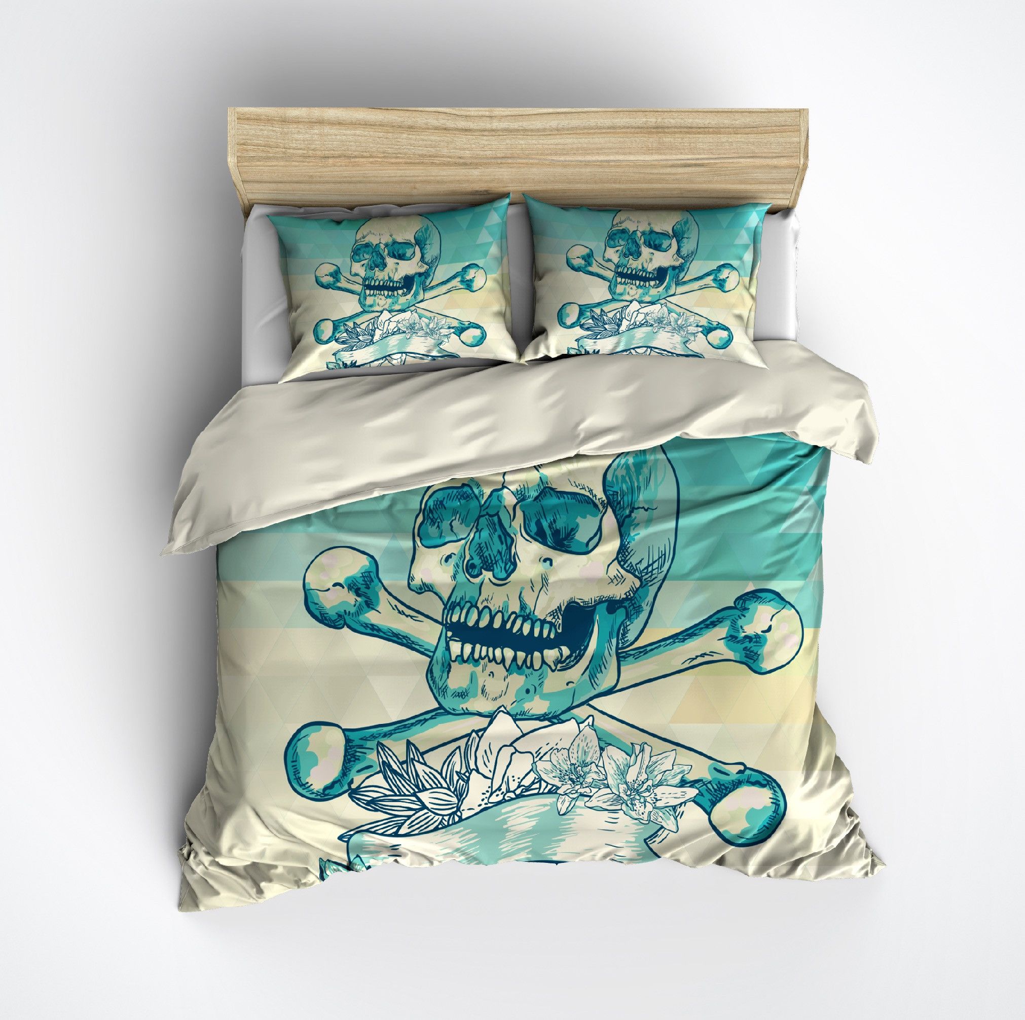 Blue Green and Gold Skull and Crossbone Bedding CREAM