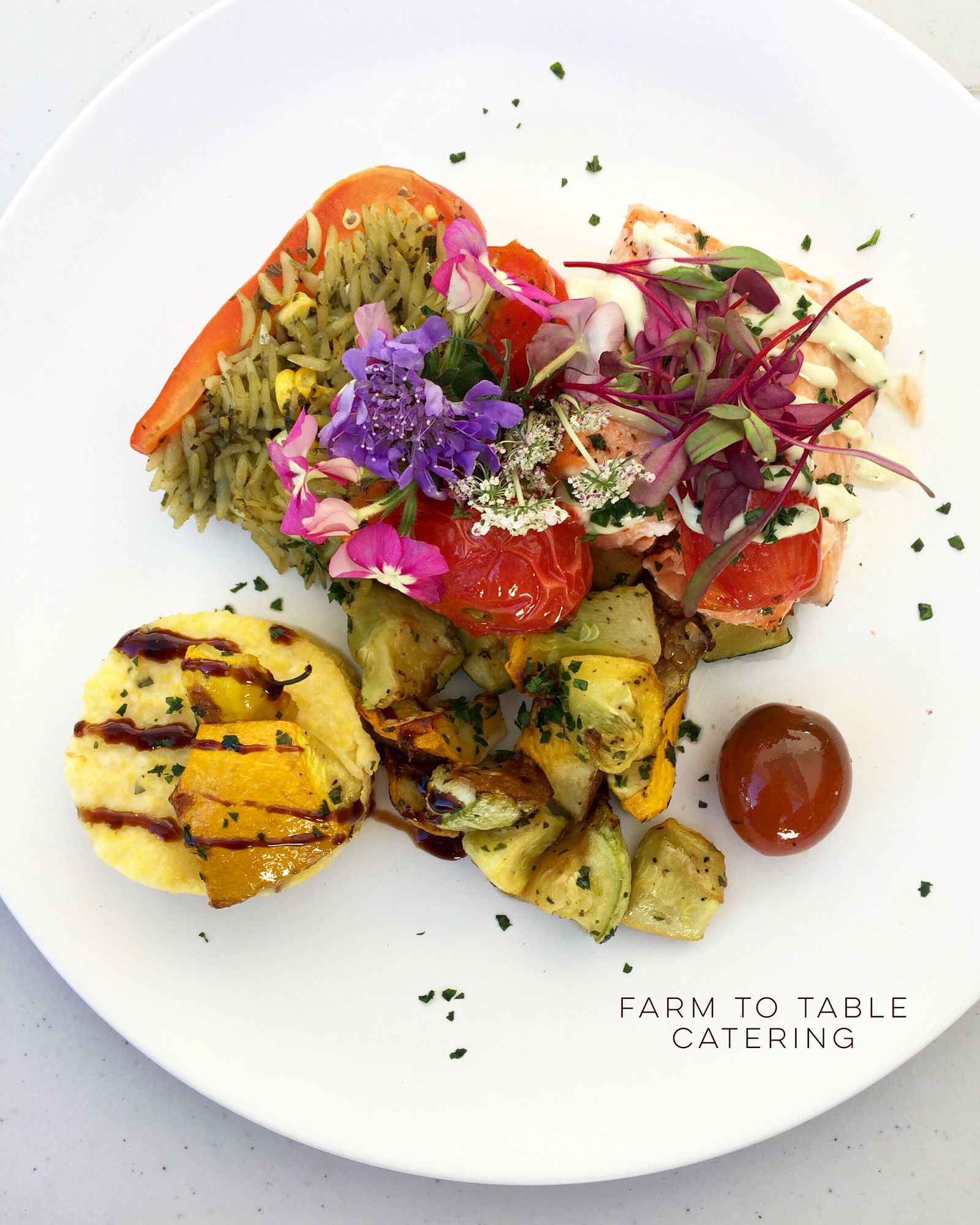 Plated summer weddng dinner pan seared salmon with blistered
