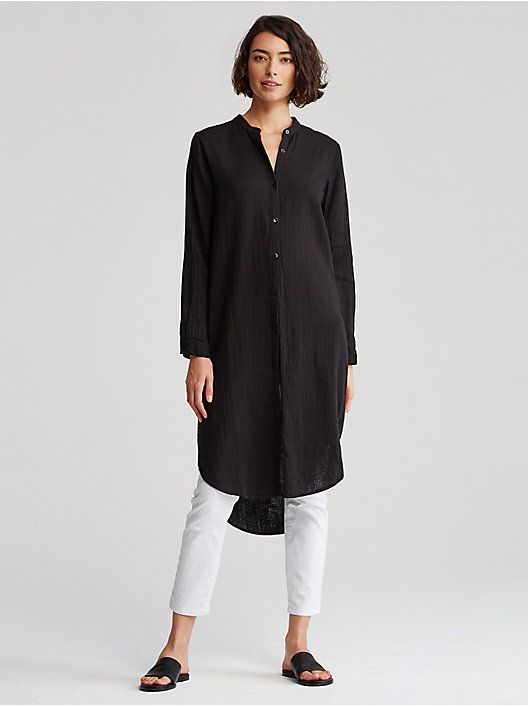 black minimalist shirt dress with mandarin collar W Dress