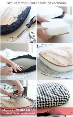 Transformando uma cadeira de escritório comum em uma cadeira linda e original! #DIY #Cadeira #Reformar Furniture Projects, Furniture Makeover, Diy Furniture, Building Furniture, Unique Furniture, Desk Chair Makeover, Furniture Design, Furniture Plans, Black Office Chair