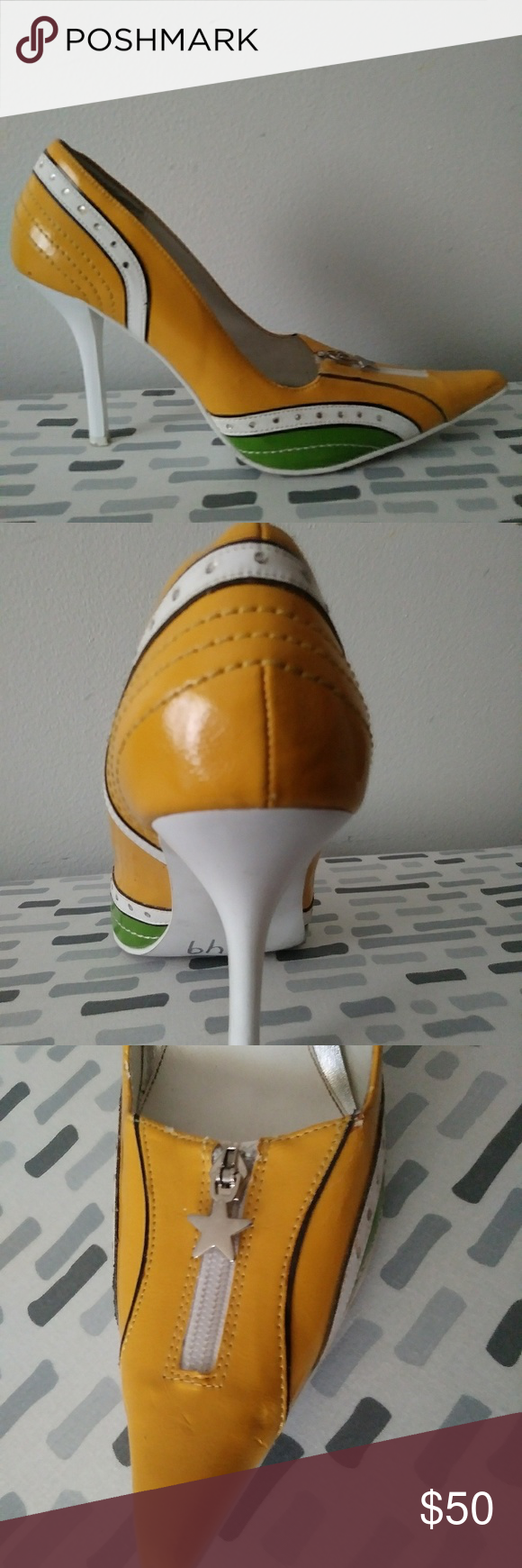 Mia Multi Color Pumps Size 10 Multicolored Pump Yellow Green And White With Rhinestone Accents On The Back Mia Shoes Shoes Women Heels Mia Shoes Multi Color