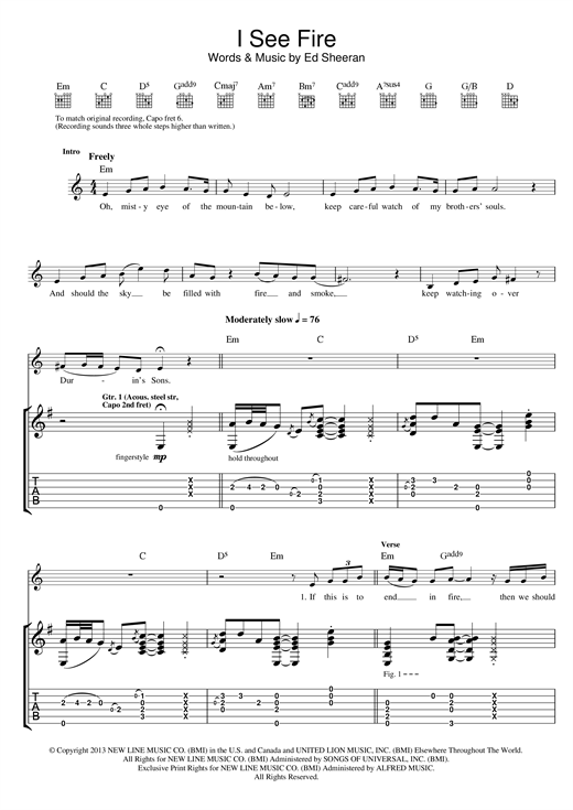 Ed Sheeran I See Fire Partition guitare, I see fire, Partition musique Ed Sheeran I See Fire Partition guitare, I see fire, Partition musique