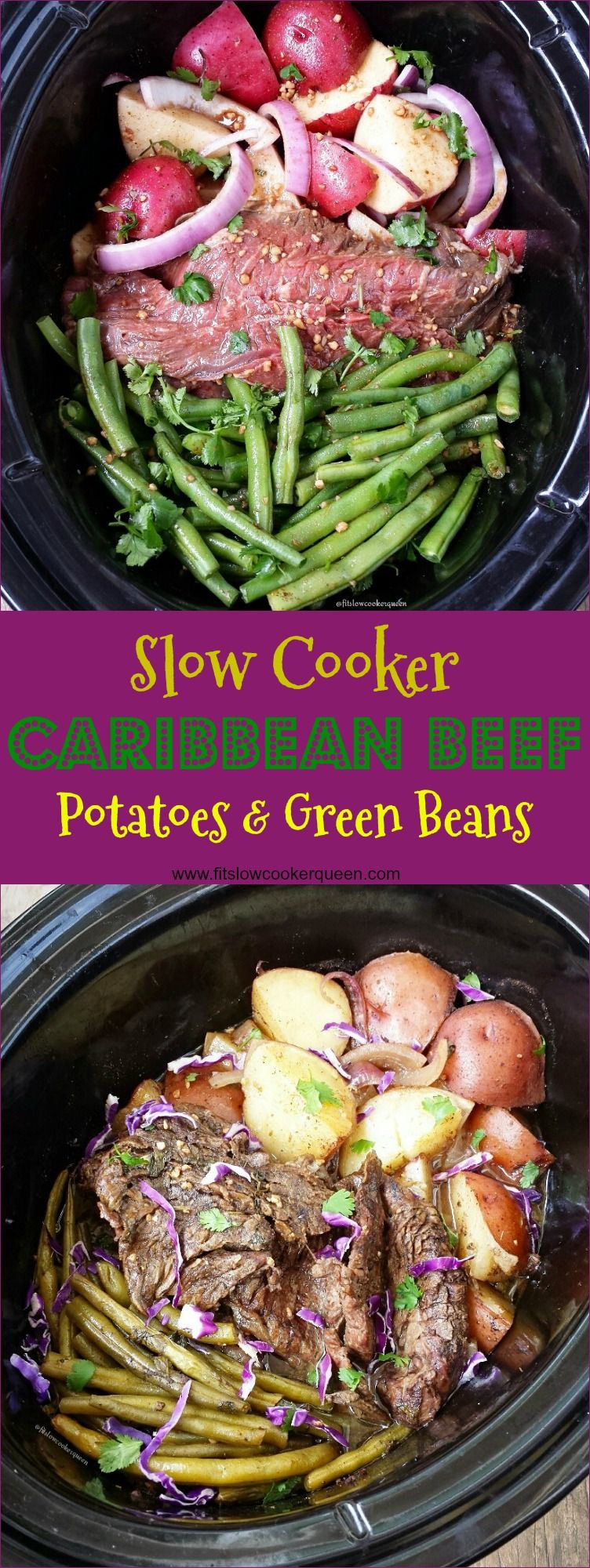 Crockpot / Slow Cooker healthy whole30 paleo - A healthy, homemade sauce Caribbean flavored sauce slow cooks on top of beef, potatoes and green bean for this complete slow cooker meal. #healthycrockpots