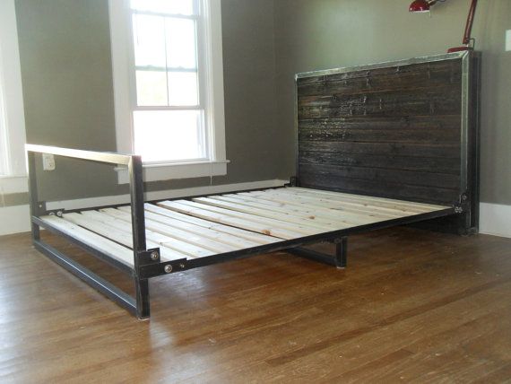 Kraftig Platform Bed With Rough Walnut Headboard - Etsy Camas metálicas, Muebles