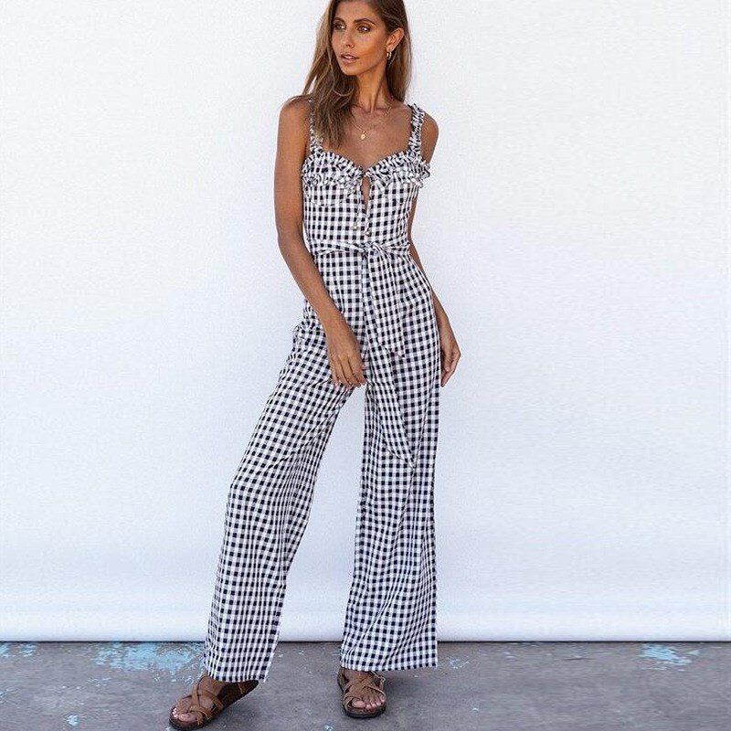 Summer Sexy Plaid Jumpsuit Casual Bandage Spaghetti Strap Wide Leg Romper Women Jumpsuits Backless Ruffle Beach Overalls Plaid Jumpsuit, Casual Jumpsuit, Jumpsuit Romper, Cheap Rompers, Rompers Women, Jumpsuits For Women, Summer Sexy, White Plaid, Top Brands