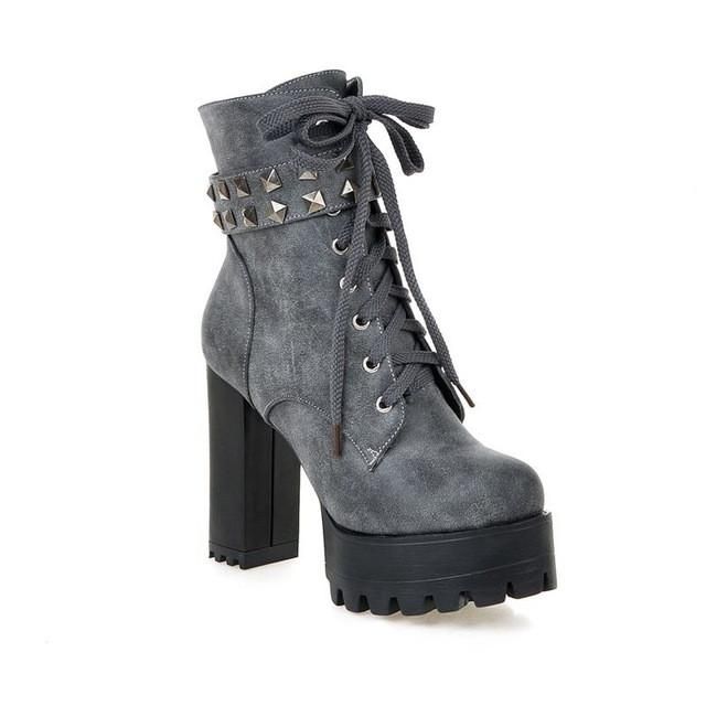 Hot Womens Lace Up Motorcycle Platform High Block Heel Punk Shoes Ankle Boots sz