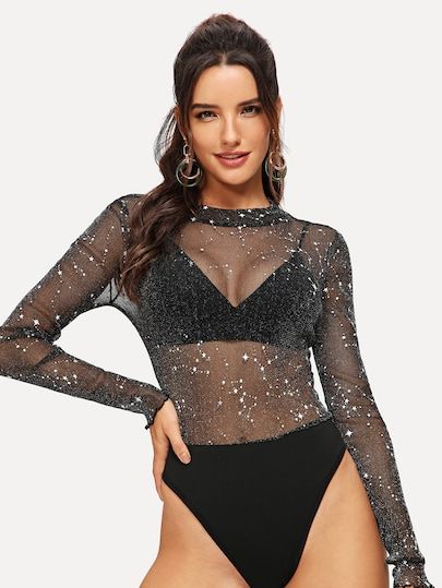 Verdusa Womens Mock Neck Long Sleeve Sheer Mesh Skinny Leotard Bodysuit Top