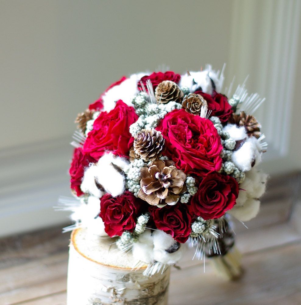 Wed In Winter Dried Flower Bouquet Preserved Red Roses Cotton Wed In Winter Dried Flower Bouquet Preserved Red Roses Cotton Pinecones Wedding Flowers Wheat Bridesmaids