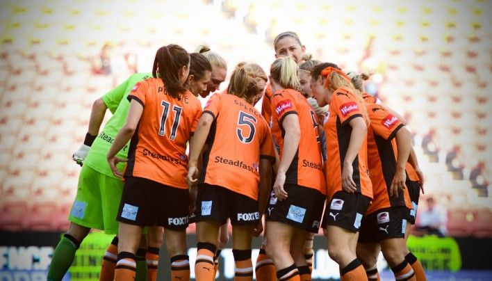 Brisbane Player Hayley Raso Left Celebrates Her Goal With Team