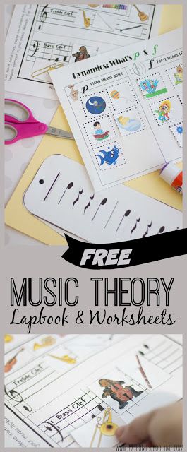 FREE Music Theory Worksheets & Resources - lots of different music worksheet, music lapbook, music history, and other fantastic resources to teach kids about notes, rhythm, dynamics, base clef, treble clef, the orchestra, musical instruments, and so much more! Music Lessons For Kids, Music For Kids, Piano Lessons, Preschool Music Activities, Preschool Kindergarten, Toddler Preschool, Music Education Activities, Physical Activities, Learn Music Theory