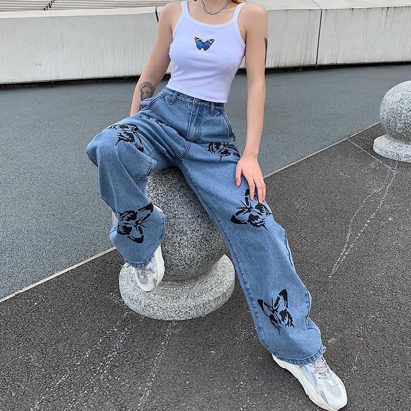 Harajuku butterfly printed loose denim pants Harajuku butterfly printed loose denim pants