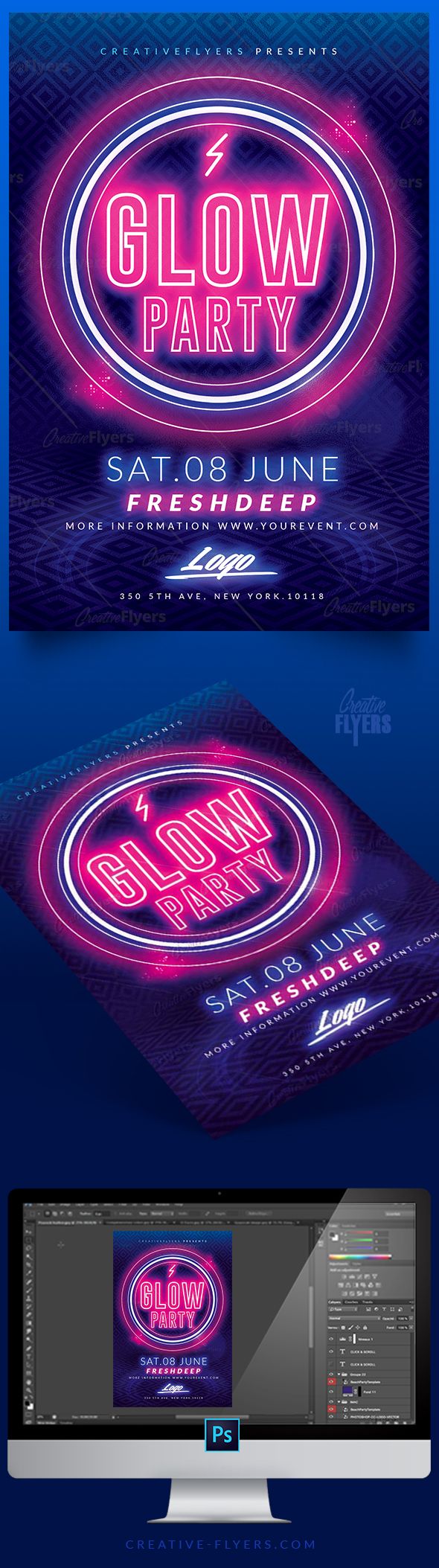 download glow party flyer template psd for photoshop 80 s