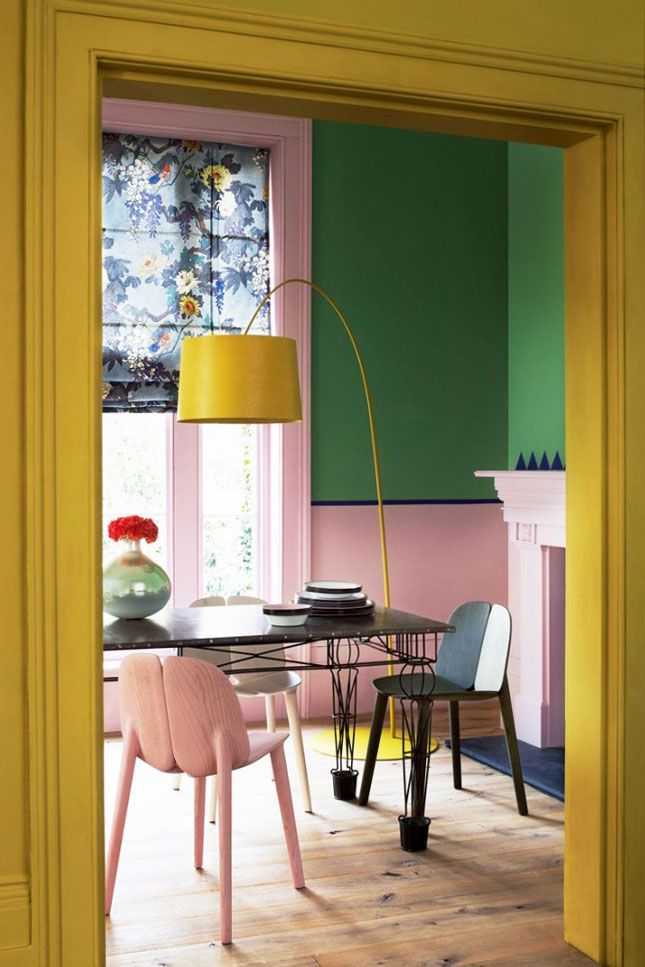 pink, green and yellow color-blocked dining room. / sfgirlbybay Home Interior, Interior And Exterior, Interior Decorating, Pink Interior, Decorating Tips, Color Interior, Decorating Websites, Colorful Interior Design, Vintage Interior