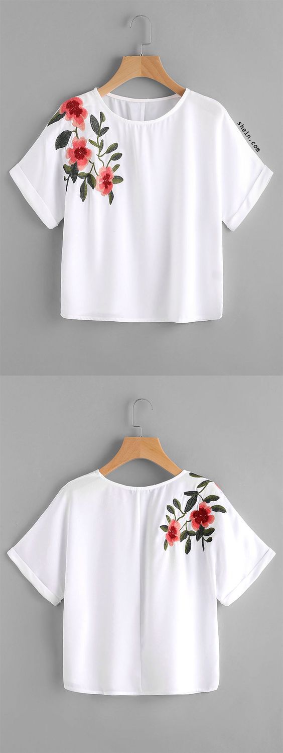 Rolled Cuff Embroidery Crop Tee Moda Sevimli Kiyafetler Kadin Tisort Rolled Cuff Embroidery Crop Tee Moda Sevimli Kiyafetler Kadin Tisort