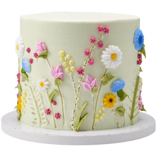 Create many one of a kind cakes with assorted wildflowers. A soft color palette sets the tones for an elegant cake, great for any day. Made of finely granulated sugar molded into shapes and painted with edible food colors. Design distribution is not equal in package. Dimensions: FLOWER: 1.2 x 1.15 x 0.25 inches FLOWER SEEDLING: 0.8 x 0.7 x 0.25 inches Birthday Cake With Flowers, Simple Birthday Cake, Pretty Birthday Cakes, First Birthday Cakes, Pretty Cakes, Cute Cakes, Flowers On Cake, Beautiful Cakes, Flower Cake Decorations