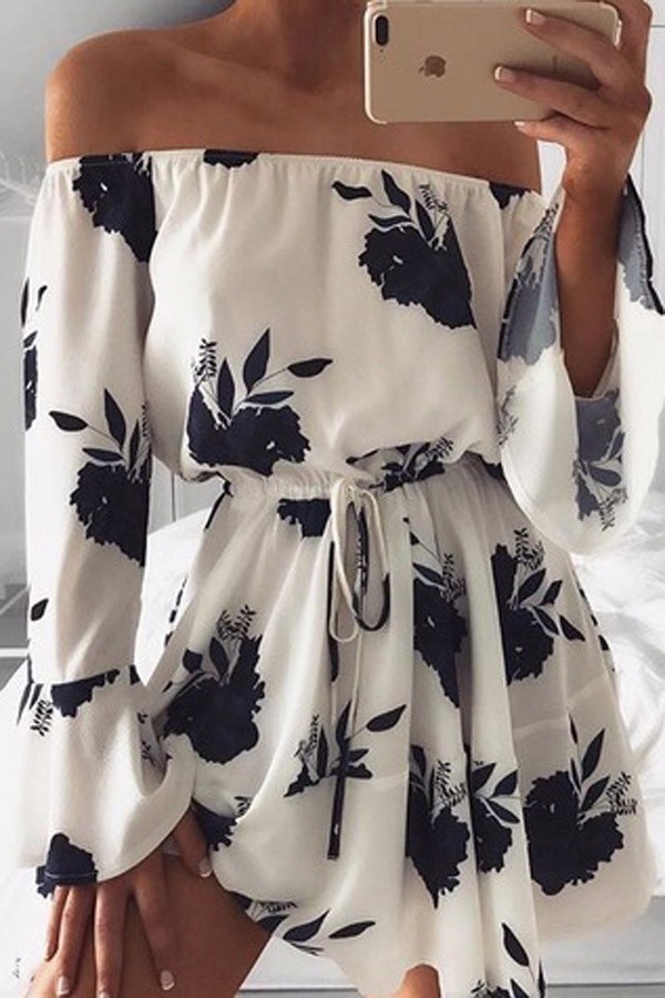 Black White Off Shoulder Floral Print Drawstring Vacation Dress #vacationlooks