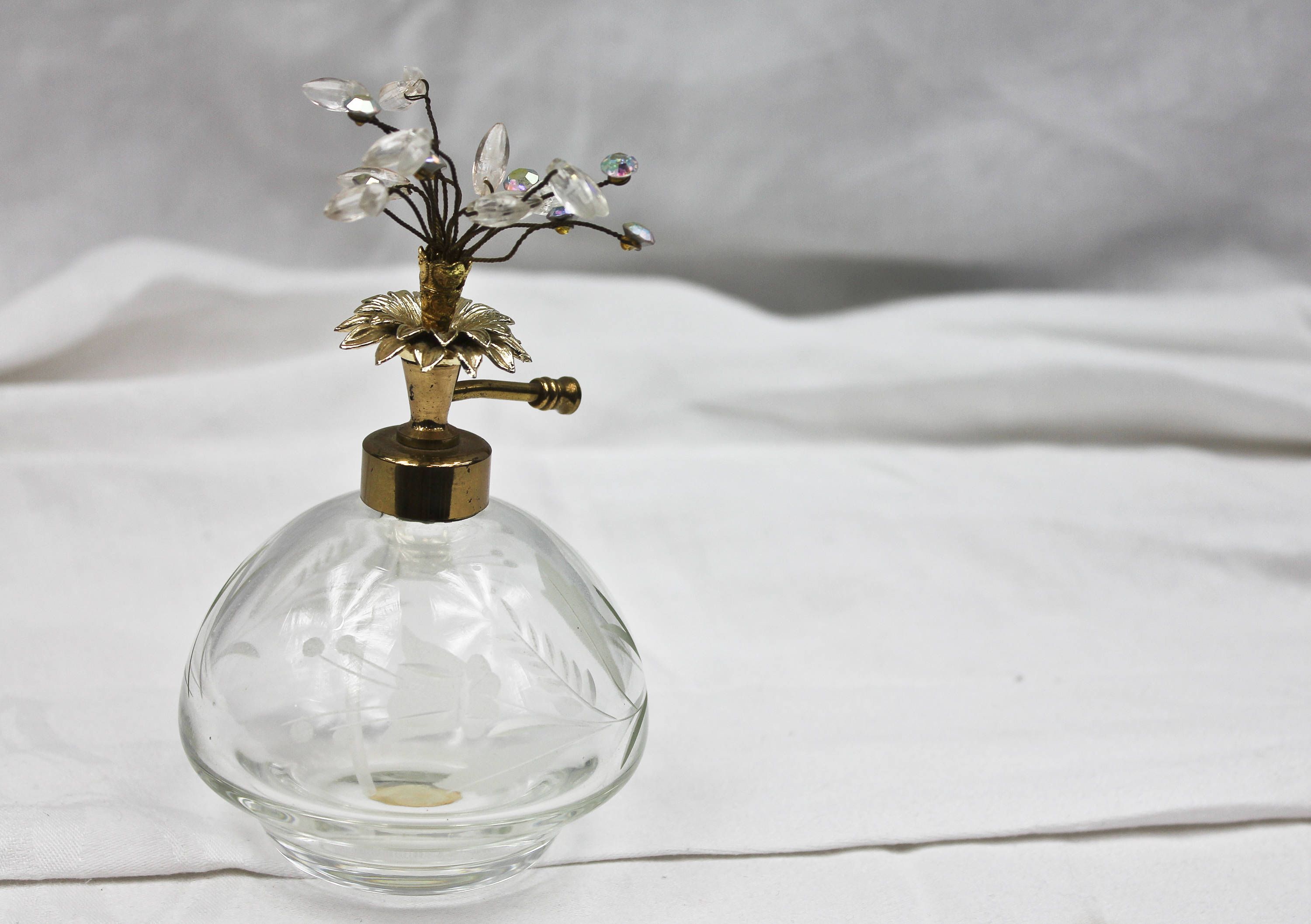 Antique Rhinestone Bouquet Topped Irice double flower crystal perfume bottle